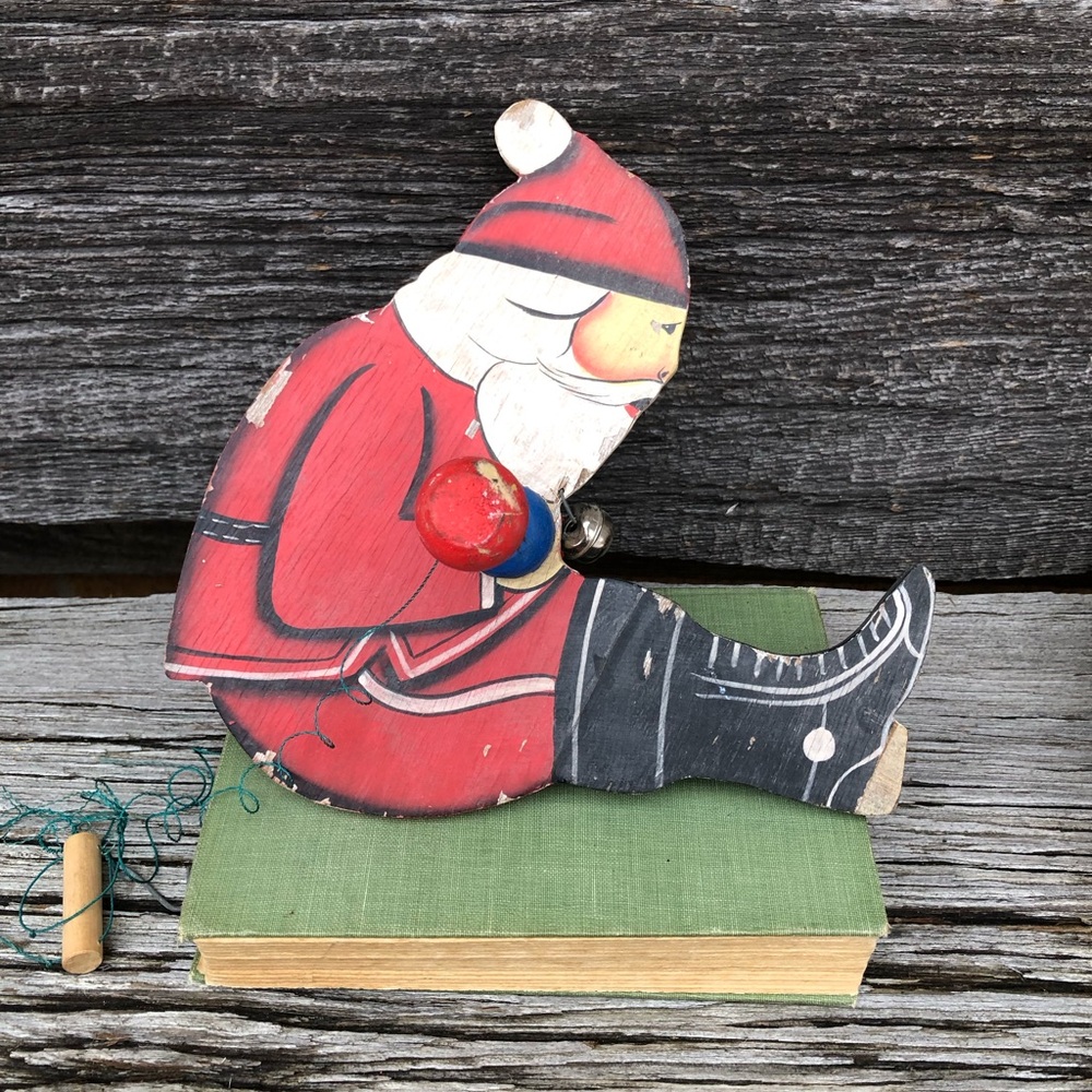 Vintage Santa Claus Spinning St.Nick pull string Vtg wooden farmhouse primitive